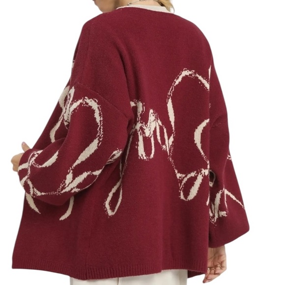 Umgee Bow Print Sweater Cardigan Balloon Sleeve in Burgundy & Tan - Picture 3 of 4